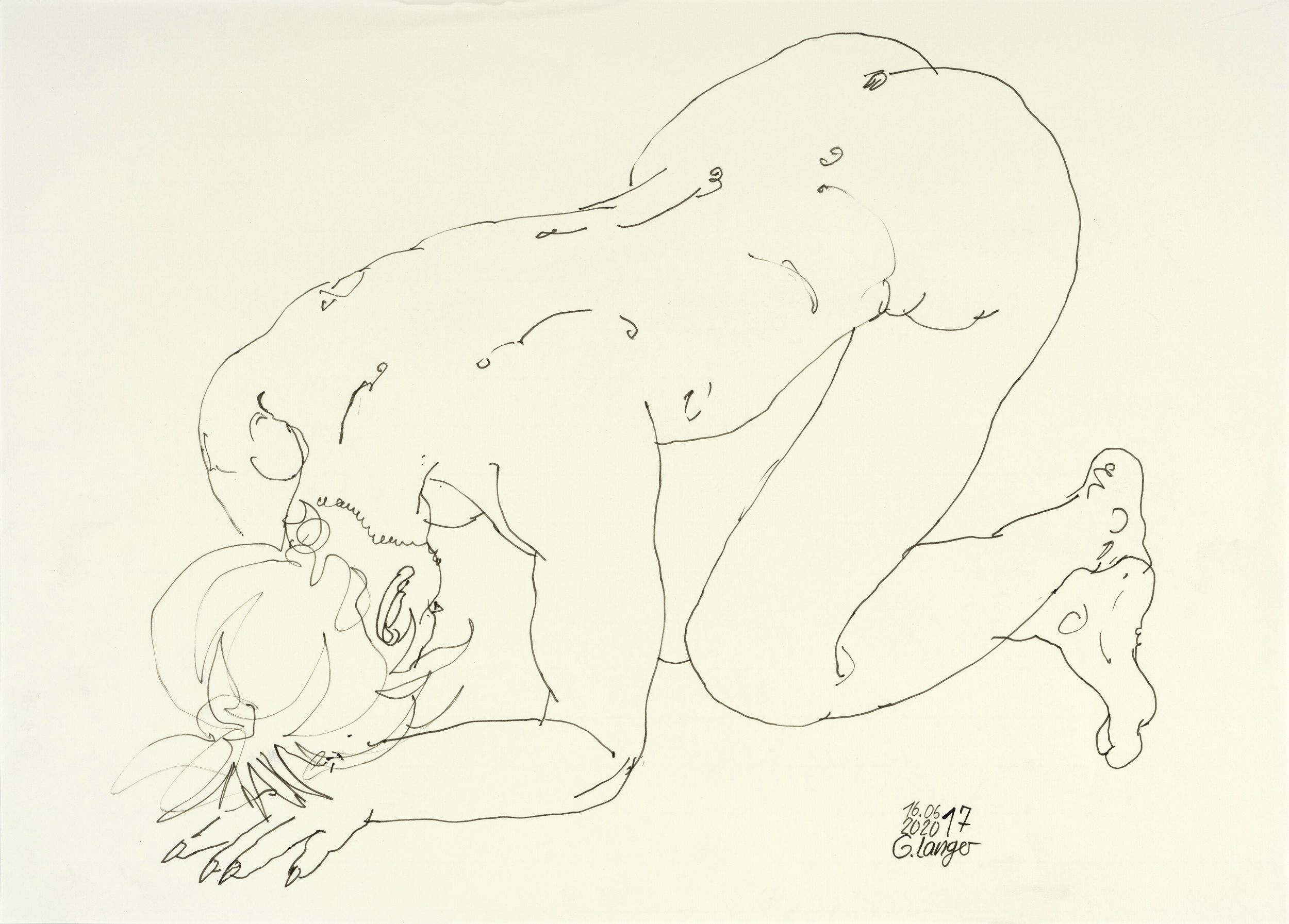 Gunter Langer, Kniender Mädchenakt, 2020, Zeichnung, Zeichenpapier, 50 x 70 cm